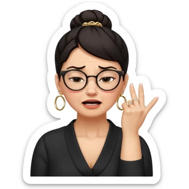  middle aged woman with dark hair pulled up in a high bun, wearing round ring earrings and glasses with a very painful expression on her face, eyes squeeed shut, wincing in pain, sticking her fingers in her ears trying to not hear a terrible singer who is too loud and out of tune.  sticker