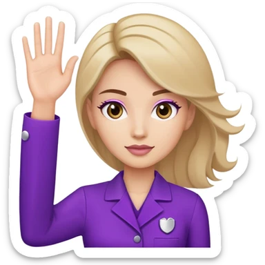A woman raising her hand, wearing a purple beauty salon work uniform with a professional appearance sticker