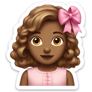Medium skin tone girl with brown wavy middle tall hair and pink bow sticker