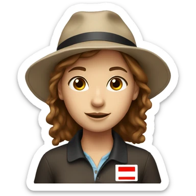 Brown haired girl with red polo, black hat and name tag sticker