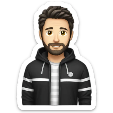 White Man with dark hair and beard, black and white stripped hoodie sticker