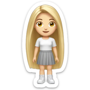 caucasian girl, long straight blonde hair, white sheer top, grey mini skirt, grey and white sneakers sticker