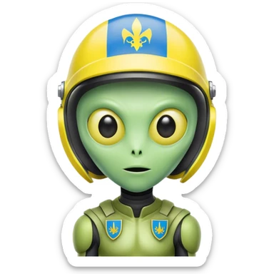 Green alien in helmet with Ukraine flag sticker