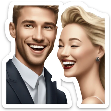 Hyper Realistic beautiful dior model laughing with a handsome male model  sticker