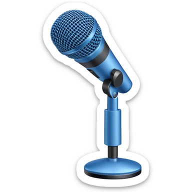 A blue microphone, with no details or buttons, tilted at a 135-degree angle. Minimalist design, focusing on the simple, clean shape of the microphone sticker