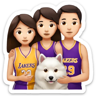 Brunettte asian couple with a Samoyed . Long hair brunette female. Short hair brunette male with lakers jersey.  sticker