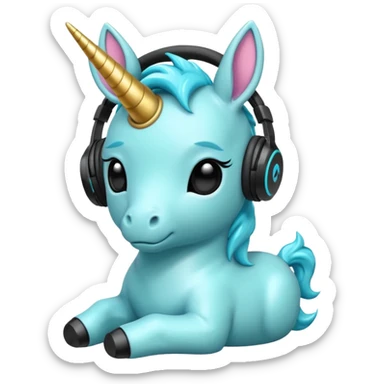 Unicornio bebé cyan sentado escuchando música con auriculares negros sticker
