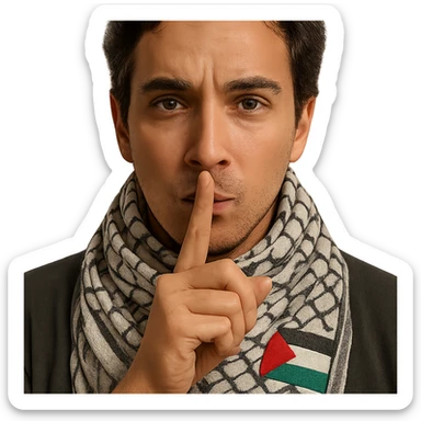 Enhance the Palestinian flag detail on the scarf to make it more visible, while keeping the person making the 'shh' gesture as the focus. Remove the background to isolate the subject. The style should maintain the original look and feel of the image. sticker