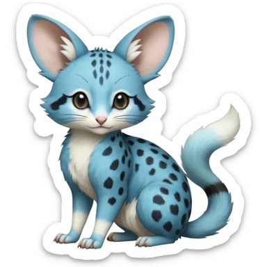 Cyan-blue, soft realistic romantic vintage antique divine beautiful elegant pretty precious cute young youthful  Fakémon-Pokémon-opossum-feline-mouse-serval-caracal-chinchilla-Minccino-Cinccino-Meowstic-rodent-hybrid-creature with a big fluffy bushy tail (full body) sticker