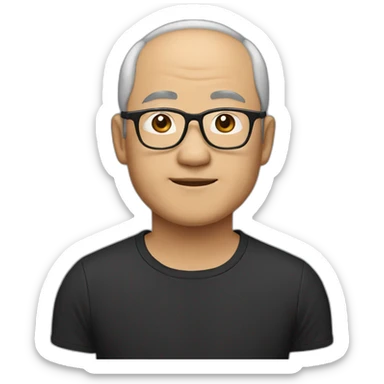 fifty year old Chinese man with small-flat-head wearing  eyeglasses and black t-shirt sticker