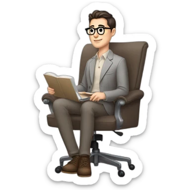 Pale skinned Fit Man With dark brown hair in gray jacket, beige office shirt and vintage glasses sitting In a soft chair with a notebook with emblem Ψ and a pen in his hands sticker