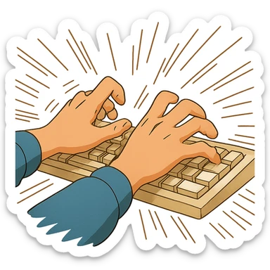 ghibli style hands typing rapidly with motion lines, energetic sticker