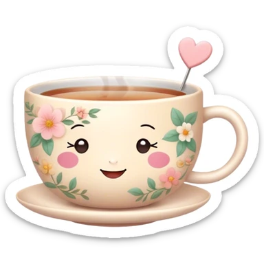 Cute Kawaii Tea Cup, steaming with warmth, a charming smiling face, soft pastel tones, delicate floral patterns, a tiny heart-shaped tea bag tag, cozy and inviting! sticker