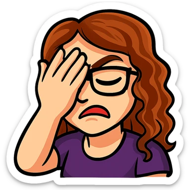 Create a Twitch emote of the person in the reference photo with glasses and curly hair in a bold and expressive style. The emote should show the person facepalming. Use a transparent background. sticker