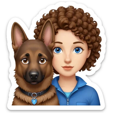 Woman mit Curly brown hair und helles Haut mit blaue Augen dazu der Deutscher Schäferhund  sticker