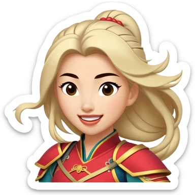 Cinematic Playful Mulan Portrait Emoji, Mid-laugh with a strand of hair falling over her face, adjusting her armor, eyes full of adventure, exuding an irresistible mix of beauty and fun, the perfect blend of warrior and princess! sticker