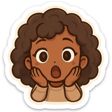 chibi emoji of a female with curly hair and brown skin, surprised expression sticker
