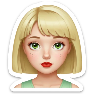 girl with blonde bob, short bangs, light green eyes, eyeliner, blush, freckles, red lips, square face sticker