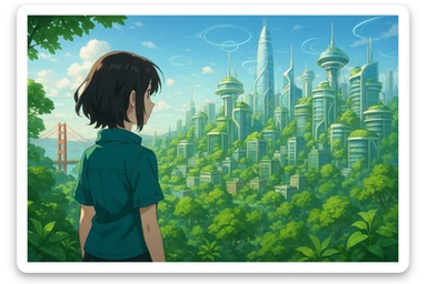 Anime AI character overlooking a peaceful, green San Francisco with futuristic buildings, harmony between nature and tech sticker