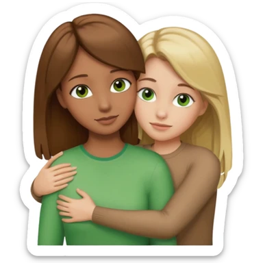 Maman cheveux marrons yeux marrons et fille cheveux blond yeux verts qui se font un câlin  sticker