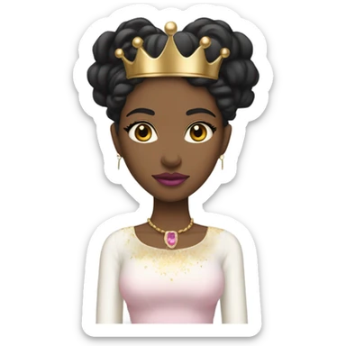 Queen with light skin, long black hair down,  pink lips, skinny gold crown, white dress, and blank stare. sticker
