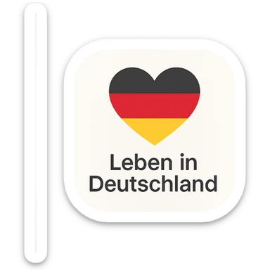 modern inviting mobile app icon for 'Leben in Deutschland' with heart shape incorporating German flag colors black red gold sticker