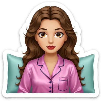 Woman with brunette hair light tanned skin reading on sofa. Long wavy hair. Beige ivory colours. Silk pyjamas. Realistic. Foxeye with lashes. Glamorous makeup sticker