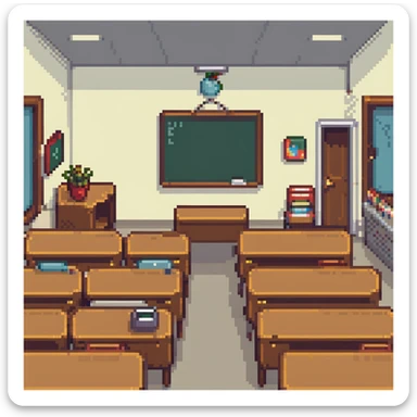 classroom with a group of students interacting in pixel art style sticker