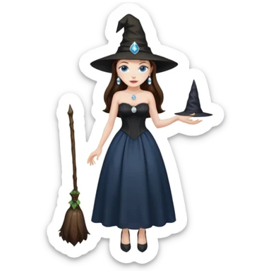 woman brunette, very large breasts, pale skin, blue eyes, long brown hair, black strapless dress, witch hat, pearl earrings, smirking, in black heels, standing, head to toe, full body, zoomed out, entire outfit visible sticker