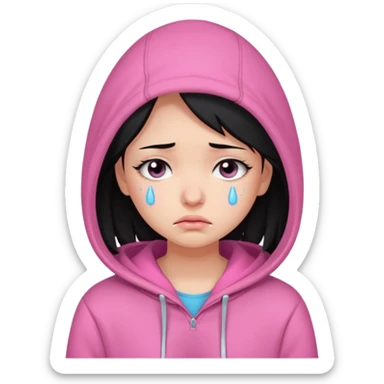 a portrait of sad girl, black hair, wear pink hoodie  sticker