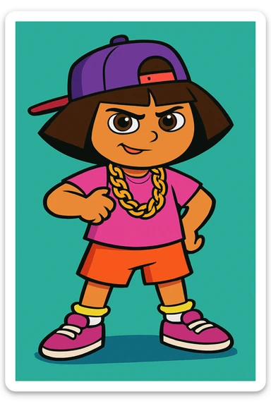 Dora the Explorer as a thug, cartoon style, gold chain, confident pose, vibrant colors sticker