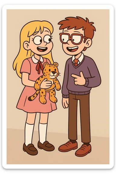 A Girl yellow hair Baby dresses pink school uniform white knee highs sock brown loafer girls shoes plushie Cheetah a boy orange glasses with shirt pjumper purple a pink red tie shoe sticker