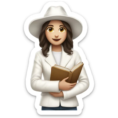 brunette girl in a white jacket in a white hat hugs a book sticker