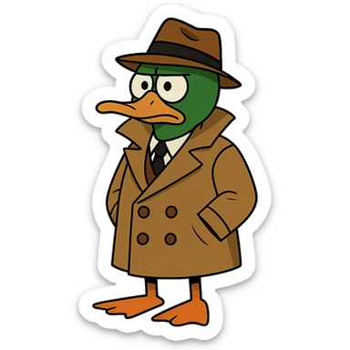 Transform the duck detective into a mallard with a distinctive green head and brown chest, maintaining the cartoon detective style, with no background. sticker