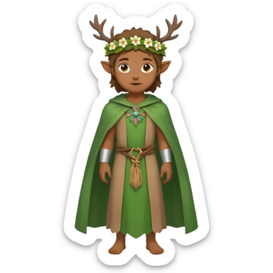 doe dressed as a druid, flower crown, green cape, full body icon sticker