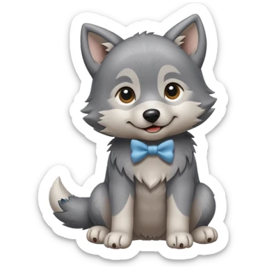 an animated gif sticker emote of a wolf puppy in a play bow wagging its tail in a smooth, natural arc over its back sticker