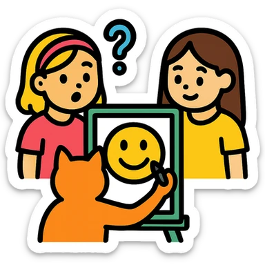 two girls guessing as a kitty draws an emoji, vibrant color icon sticker