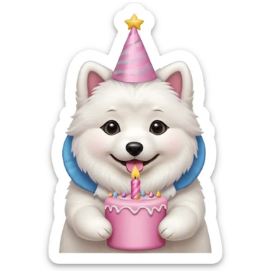 cute samoyed hold a pink birthday cake in both arms with pink birthday hat sticker