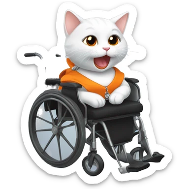 a white smiling kitty with her tongue out dressed in black and orange and in a wheelchair with handcuffs  sticker