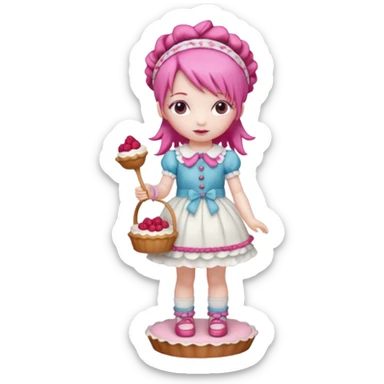 Isolated detaile illustration incredibly raspberry torte doll figurine full body with pink hair and a raspberry hairband sticker