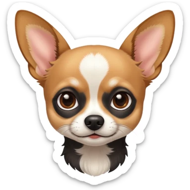 Chihuahua with white black fur on the forehead and a brown snout with a black nose sticker