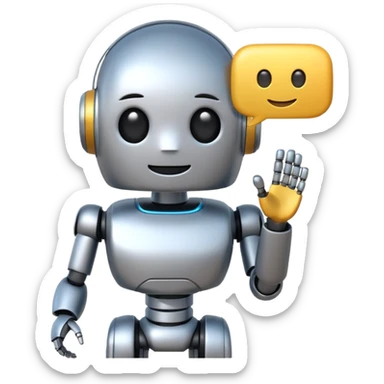AI assistant emoji, futuristic robot with a speech bubble, friendly and helpful demeanor, minimalistic design sticker