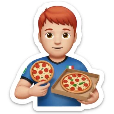 male emoji with red hair in faded cut and styled bangs, chubby build, light freckles, wearing black baggy jeans and 2024 Italy home soccer jersey, holding a pizza box sticker