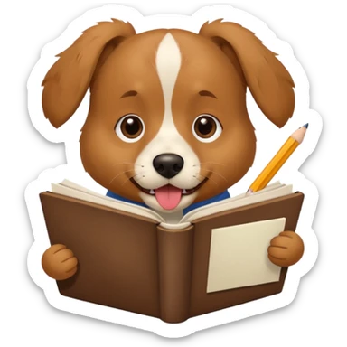 dog with a piece of chewed homework in its mouth, playful sticker