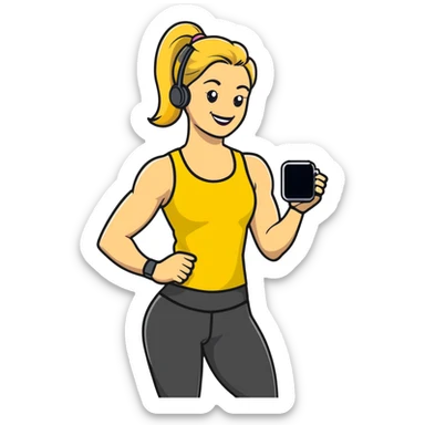 Sporty blonde woman in yellow top and black leggings, showing bicep, smiling, with wireless earbud and Apple Watch sticker