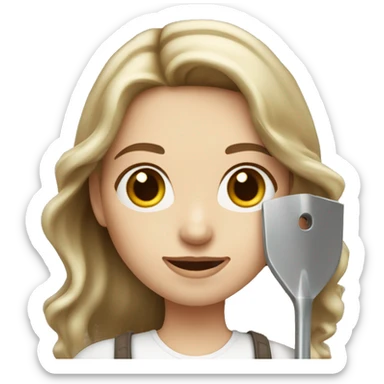 Woman holding one metal shovel with pale skin and hair brown highlights long wavy sticker