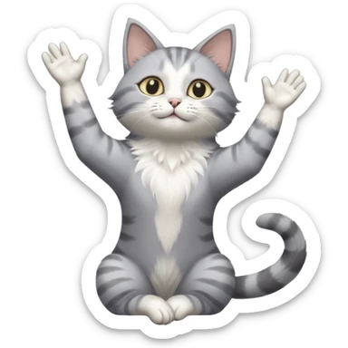 grey and white cat doing a big long stretch reaching up into the airwith arms together sticker