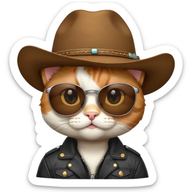 Calico cat wearing sunglasses, a black leather jacket and a cowboy hat sticker