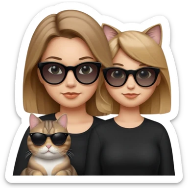 white woman with long light brown ombre hair past shoulders, wearing black clothes and very opaque black sunglasses, smirking and looking cool, next to a chubby grey tabby cat with very opaque black sunglasses, also smirking and looking cool, Apple emoji style, only one woman and one cat sticker