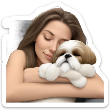 White and tan fluffy shih tzu sleeping on brunette white girl's lap sticker